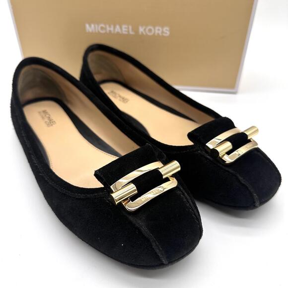 Michael Kors Shoes - Michael Kors Gloria Black Suede Gold Accent Ballet Flat Moccasin Shoes 6.5